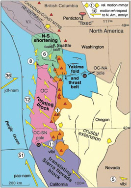 Pacific Northwest Fault Block Model shows how the Pacific Plate drags the margin of the western North American plate northward leading to compression and earthquake hazard in the Seattle area.